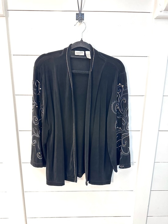 Jackets & Blazers - CHICOS TRAVELER XL black open embroidered stretch classic coastal comfort blazer